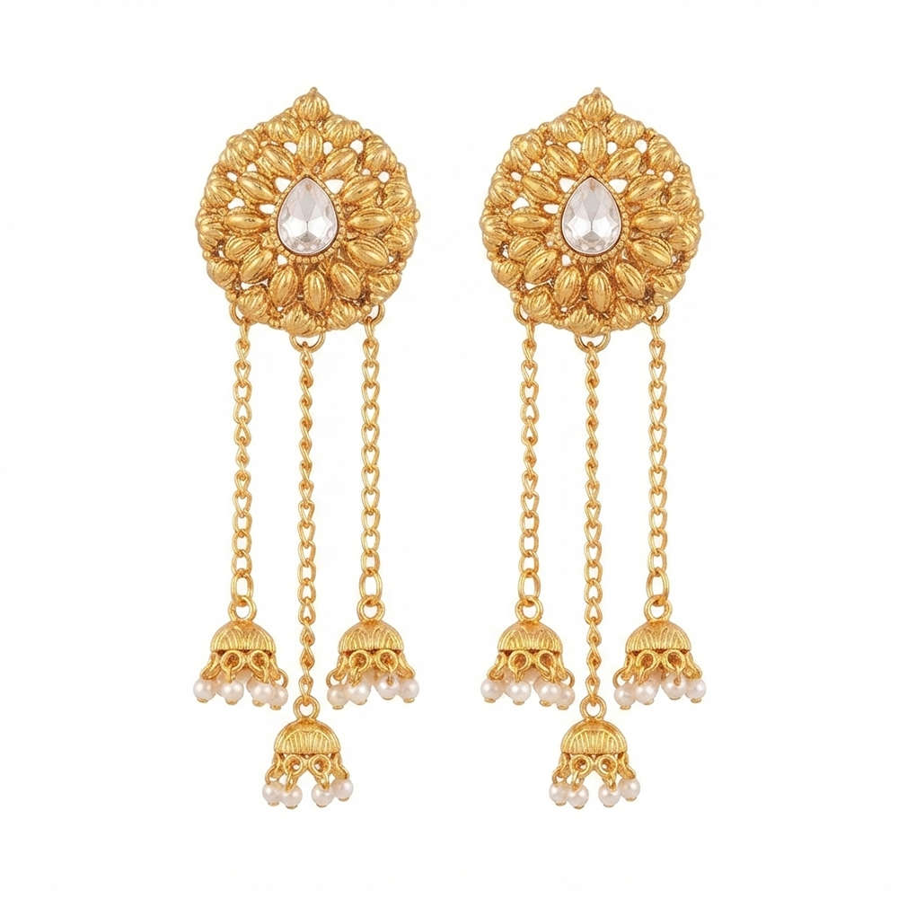 Urthn Traditional Gold Plated Pearl Chain Kashmiri  Jhumki Earrings for Women(Pack of 3)