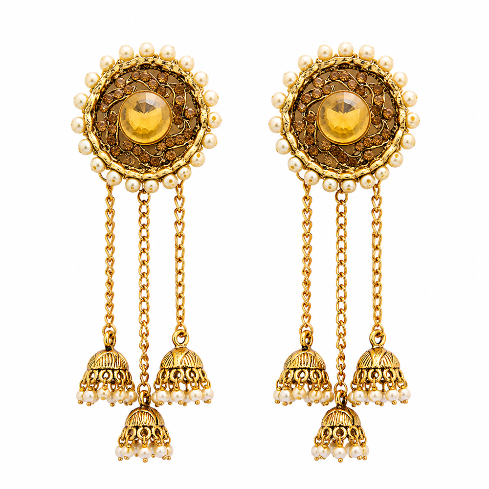 Urthn Gold Plated Austrian Stone & Pearl Kashmiri Jhumki Dangler Earrings for Women(Pack of 3)
