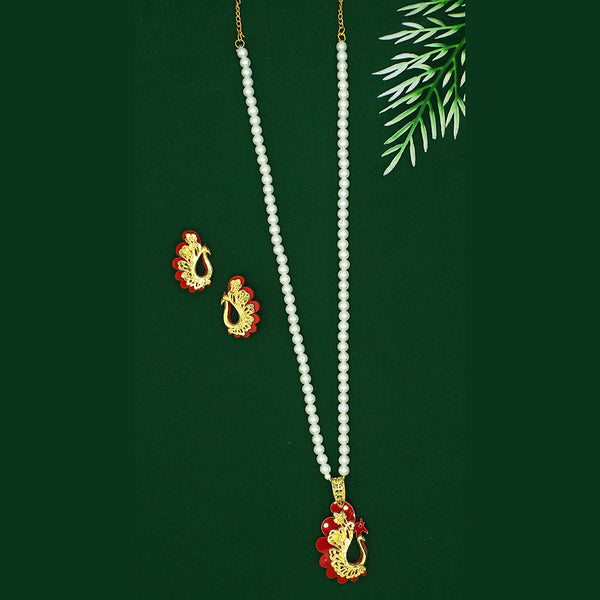 Mahavir Dye Gold Plated Pearl Long Necklace Set