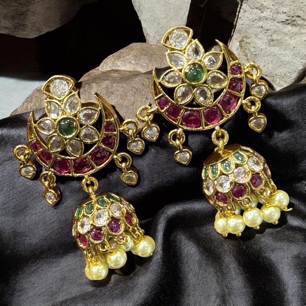 Sona Covering Elegant Gold Plated Pota Stone And Pearl Jhumki Earrings