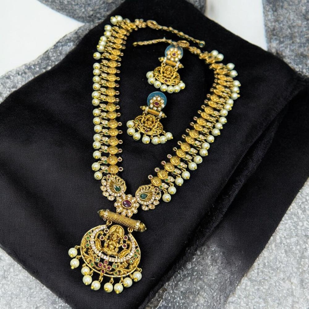 Sona Covering Gold Plated Pota Stone And Pearl Temple Long Necklace Set