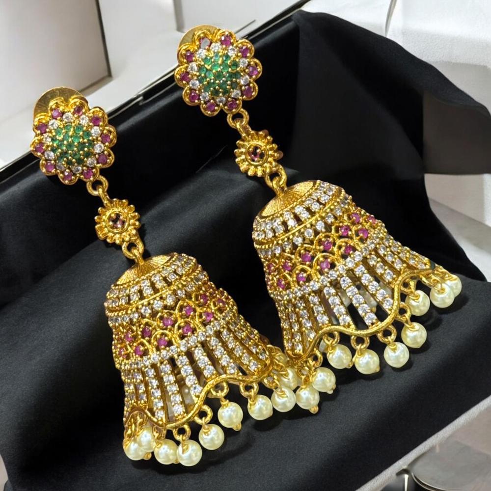 Sona Covering Elegant Gold Plated Pota Stone And Austrian Jhumki Earrings