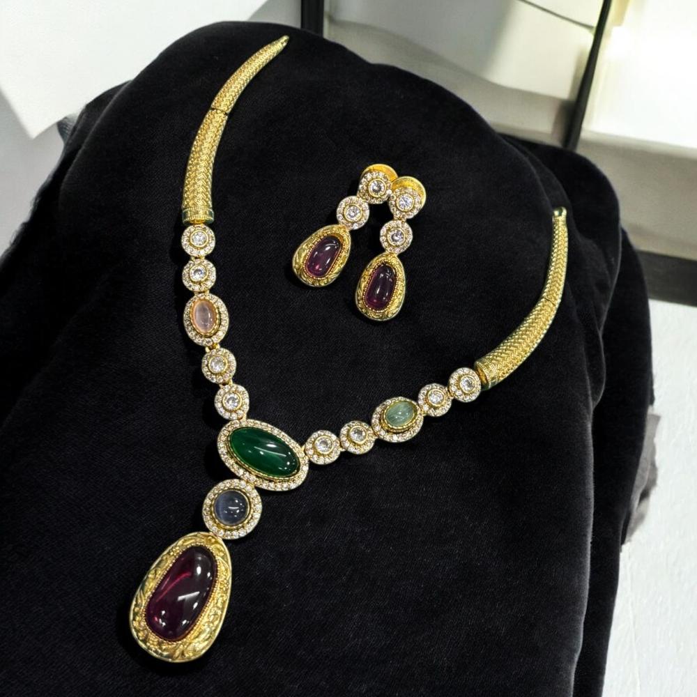 Sona Covering Gold Plated Pota Stone And Austrian Necklace Set