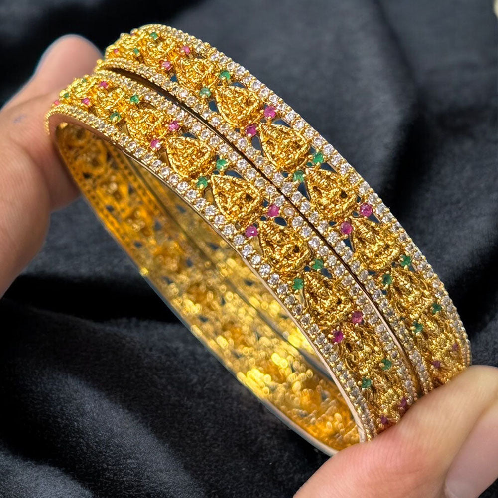 Sona Covering Designer Temple Motif Bangles with White, Green & Pink Stones