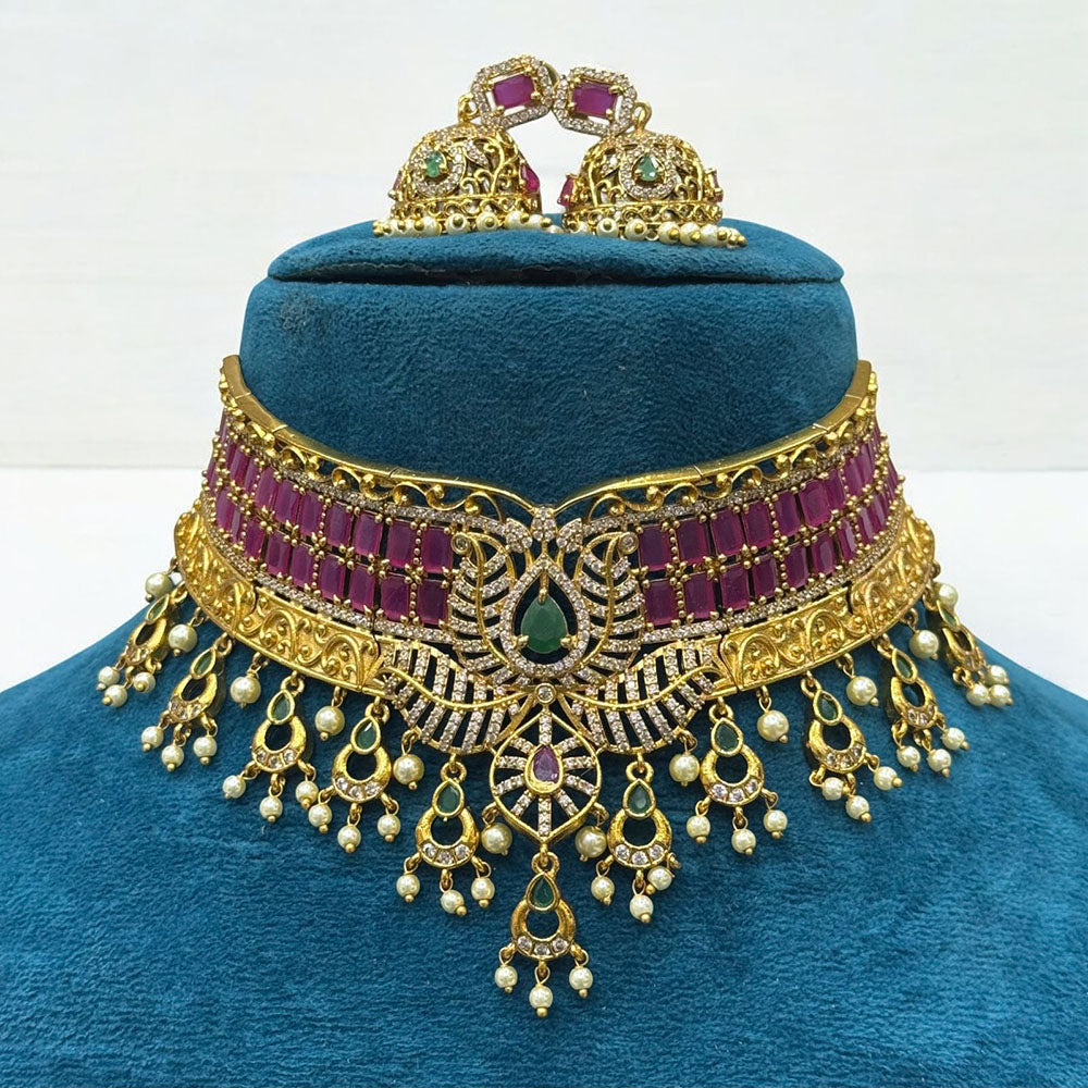 Sona Covering Antique Heavy Pota Stone And Pearl Choker Necklace Set