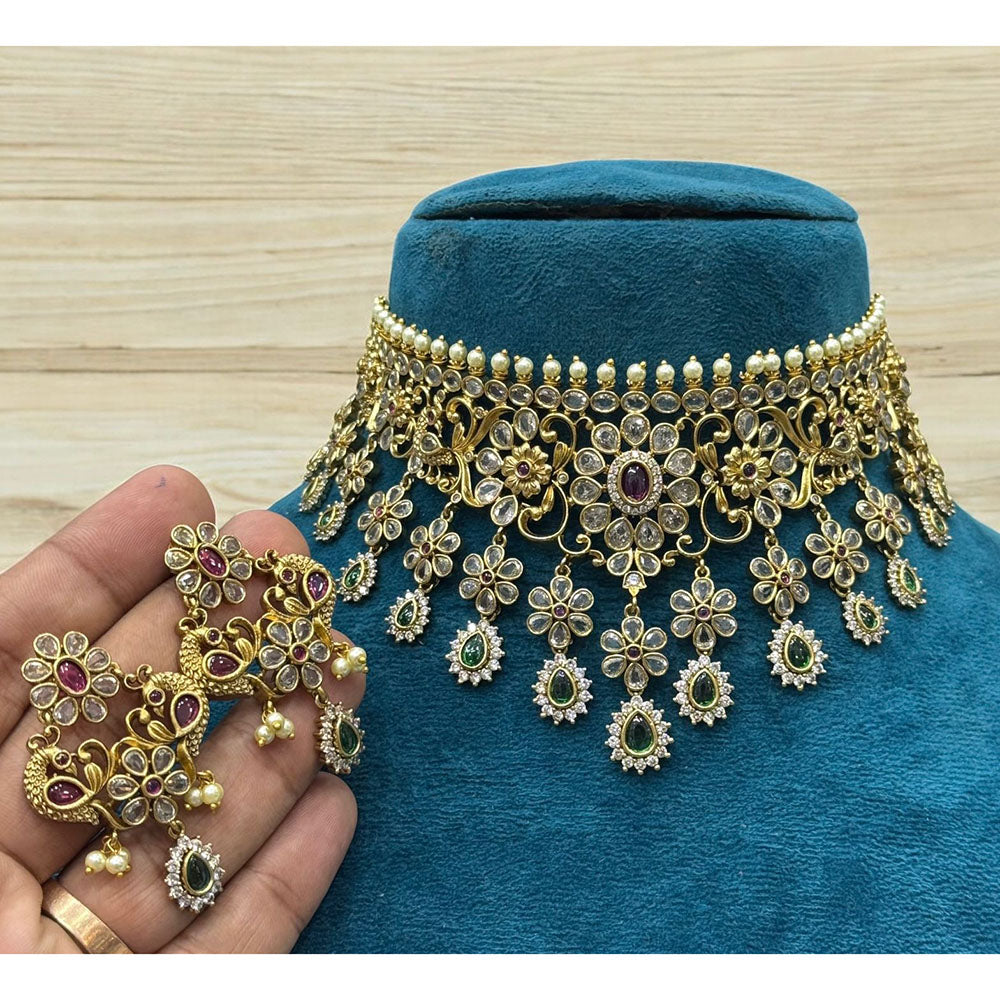 Sona Covering Antique Heavy Pota Stone And Pearl Choker Necklace Set