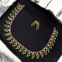 Sona Covering Leaf Motif Necklace Set with Ruby and Emerald Accents