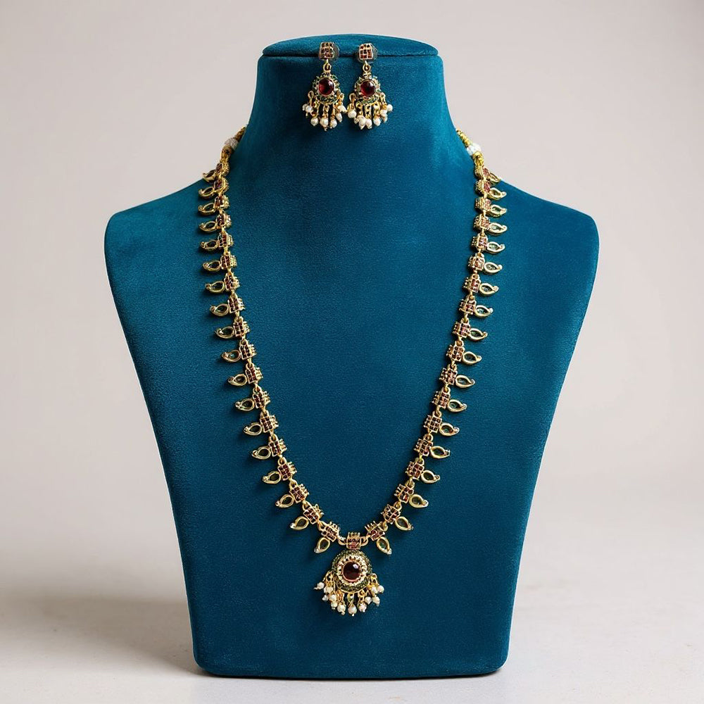 Sona Covering Classic Pota Stone And Pearl Long Necklace Set