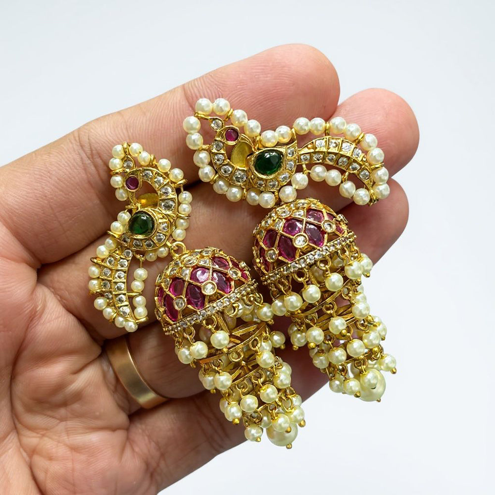 Sona Covering Peacock Design Pota And Austrian Stone Jhumki Earrings