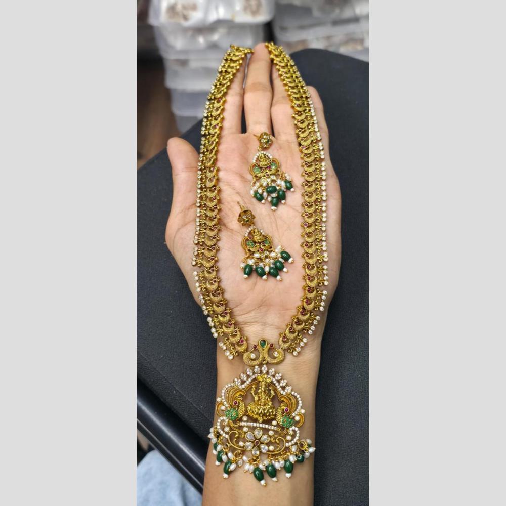 Sona Covering Delicate Pota Stone And Beads Long Temple Necklace Set