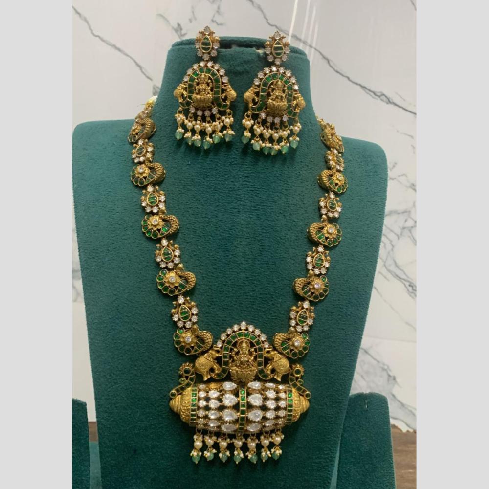 Sona Covering Jadau Gold Plated Pota Stone Pearl  And  Beads  Temple Long Necklace Set