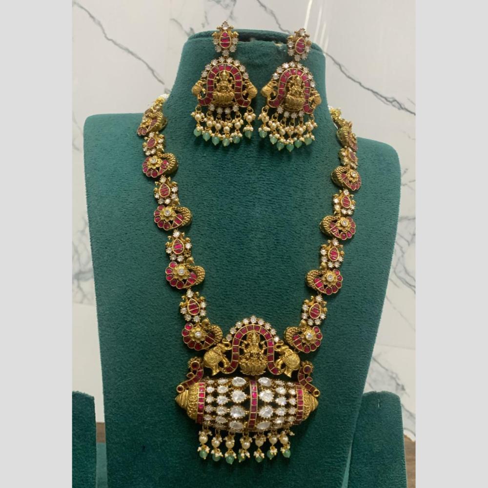 Sona Covering Jadau Gold Plated Pota Stone Pearl  And  Beads  Temple Long Necklace Set