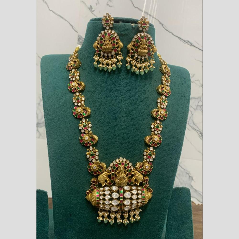 Sona Covering Jadau Gold Plated Pota Stone Pearl  And  Beads  Temple Long Necklace Set