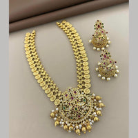 Sona Covering Gold Plated Pota Stone And Pearl Temple Long Necklace Set
