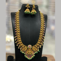 Sona Covering Gold Plated  Jadau Pota Stone And Pearl Temple Long Necklace Set