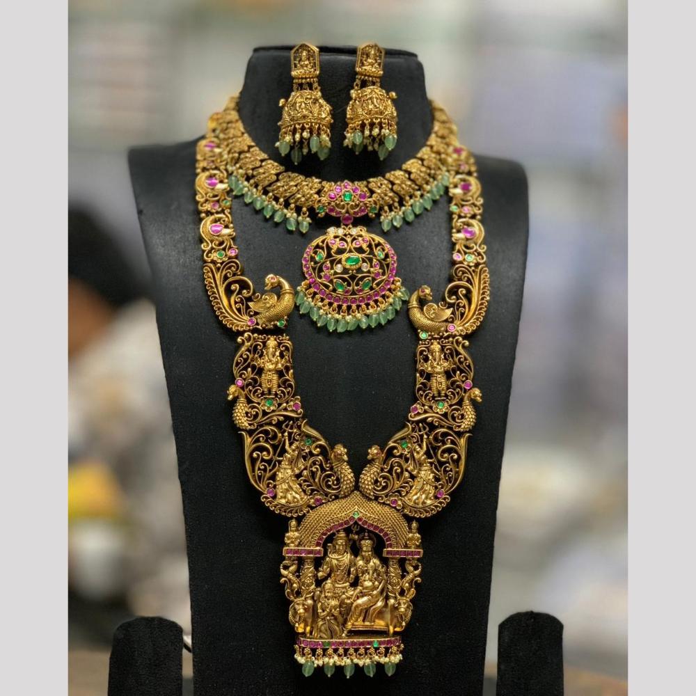 Sona Covering Elegant Pota Stone And Pearl Temple Long  Necklace Set