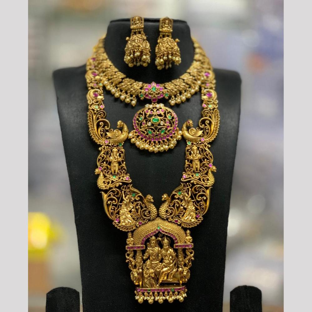 Sona Covering Elegant Pota Stone And Pearl Temple Long  Necklace Set