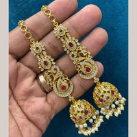 Sona Covering Designer Pota Stone And Pearl Kan Chain Jhumki Earrings