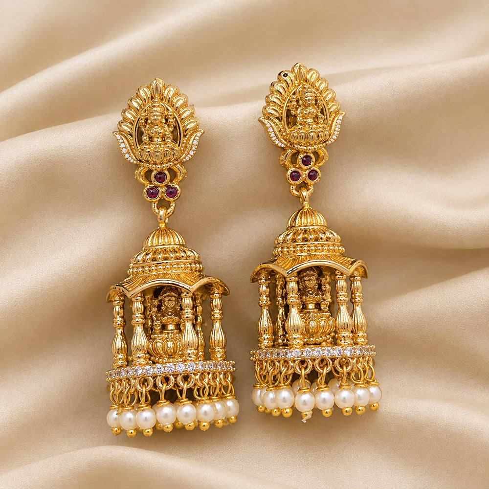 Sona Covering Traditional Pota Stone And Pearl Temple Jhumki Earrings