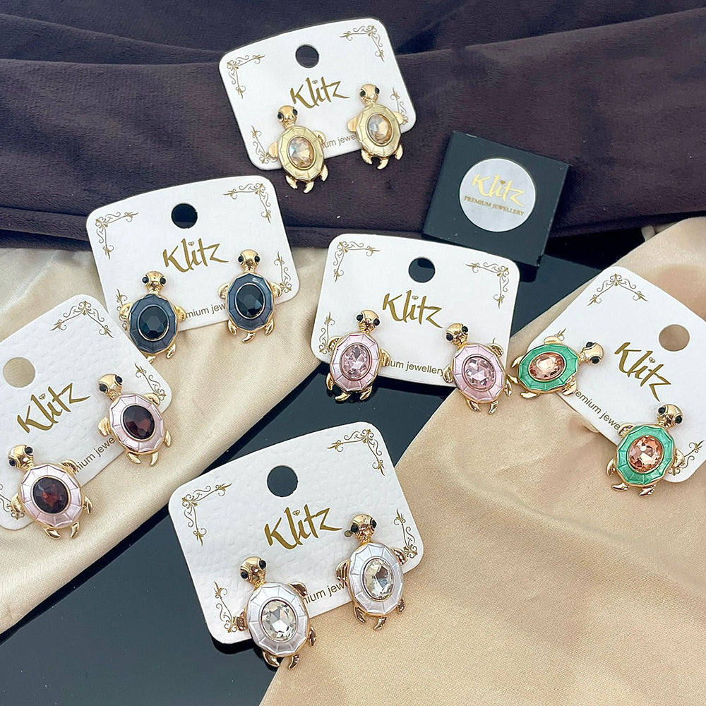 Klitz Sparkling Crystal Stone Turtle Designer Stud Earrings (Assorted Color)