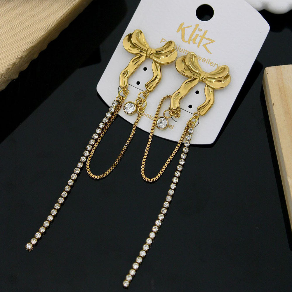 Klitz Stylish Stainless Steel Austrian Stone Bow Dangler Earrings