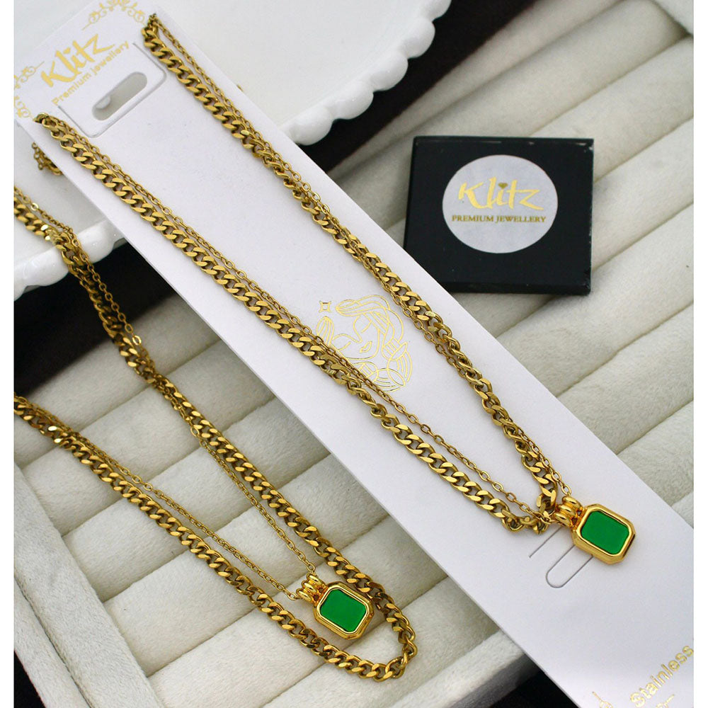 Klitz Designer Green Crystal Stone Layered Chain Necklace