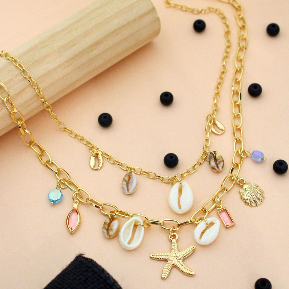 Klitz Designer Stainless Steel Beach Inspired Shell And Starfish Charm Necklace(Pack of 12)