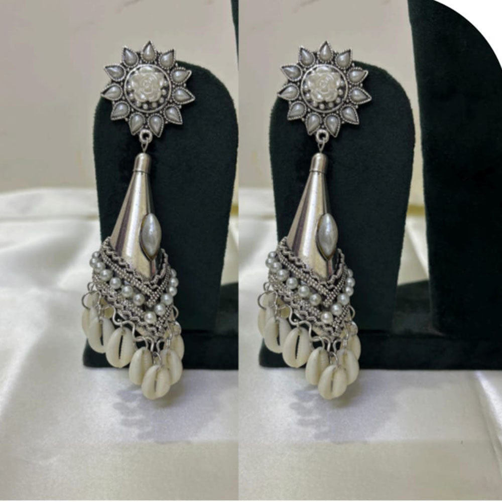 Dhirish International Heritage Oxidised Plated Pota Stone And Shell Jhumki Earrings