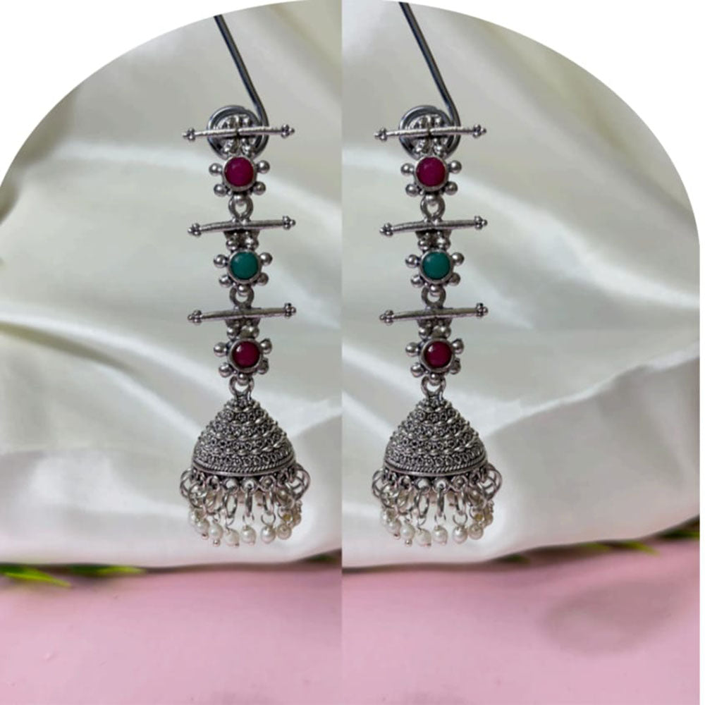 Dhirish International Heritage Oxidised Plated Pota Stone And Pearl Jhumki Earrings