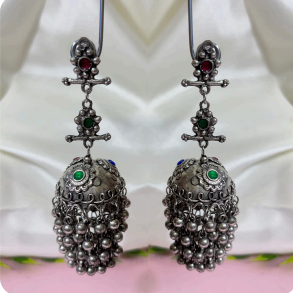 Dhirish International Heritage Oxidised Plated Pota Stone And Pearl Jhumki Earrings