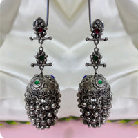 Dhirish International Heritage Oxidised Plated Pota Stone And Pearl Jhumki Earrings 