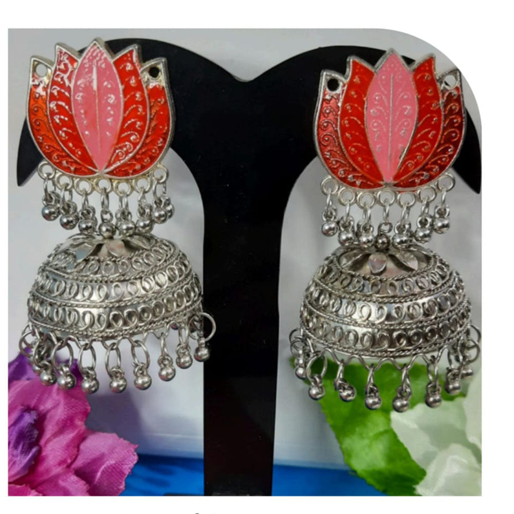 Dhirish International Lotus Enamel Antique Finish Jhumki Earrings