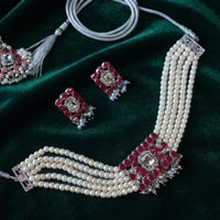 Dhirish International Pota Stone And Pearl Designer Choker Necklace Set for Women