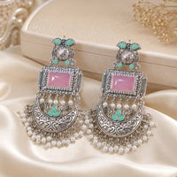 Dhirish International Stylish Oxidised Plated Pota Stone And Pearl Dangler Earrngs