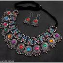Dhirish International Elegant Oxidised Pota Stone Designer Necklace Set 
