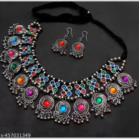 Dhirish International Elegant Oxidised Pota Stone Designer Necklace Set 
