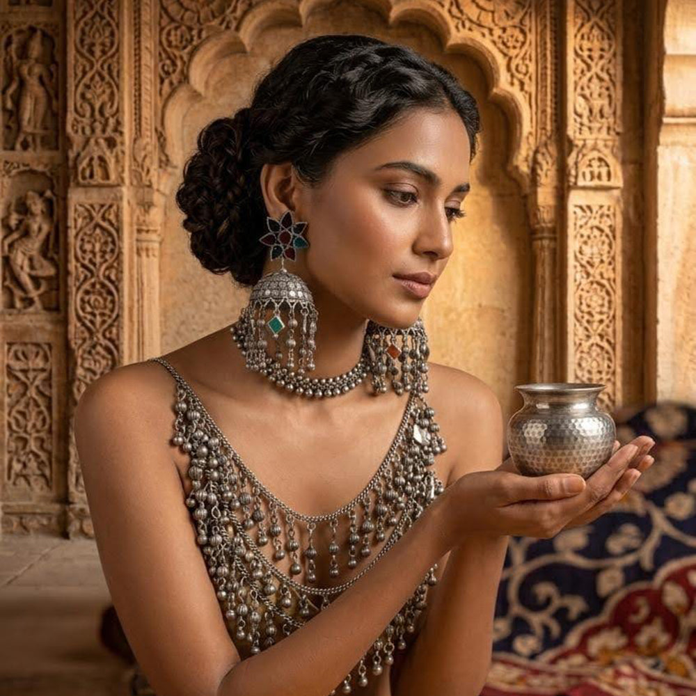 Dhirish International Heritage Oxidised Plated Pearl Jhumki Earrings