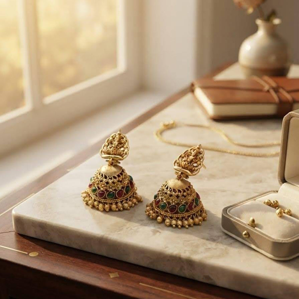 Dhirish International Premium Festive Pota Stone And Pearl Temple Jhumki Earrings