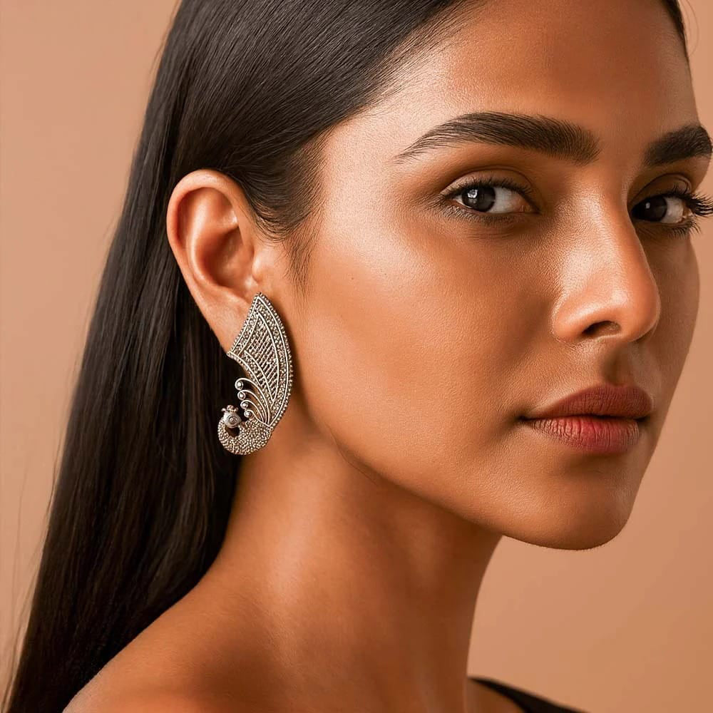 Dhirish International Oxidised Peacock Inspired Hanging Earrings