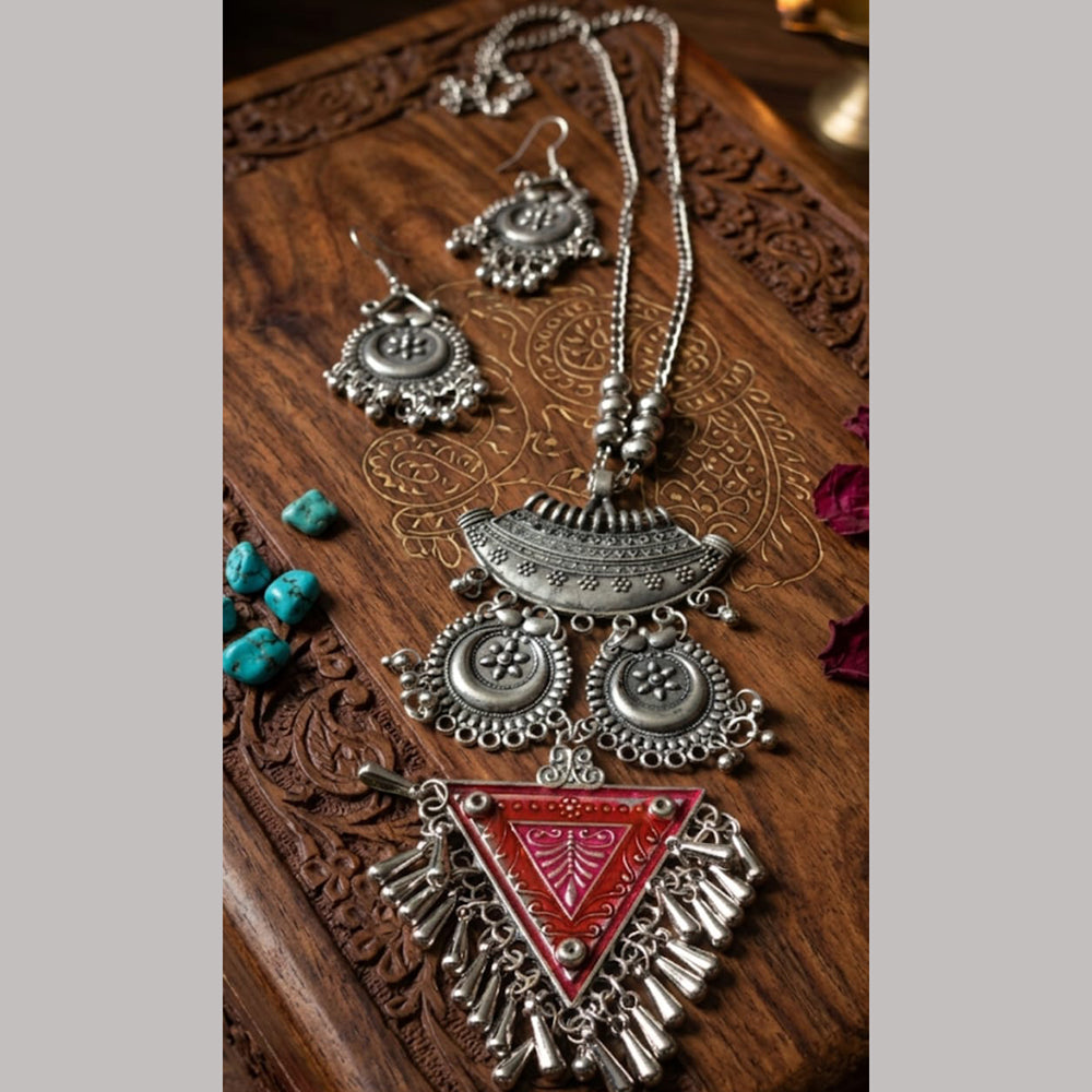 Dhirish International Statement Oxidised Plated Long Necklace Set