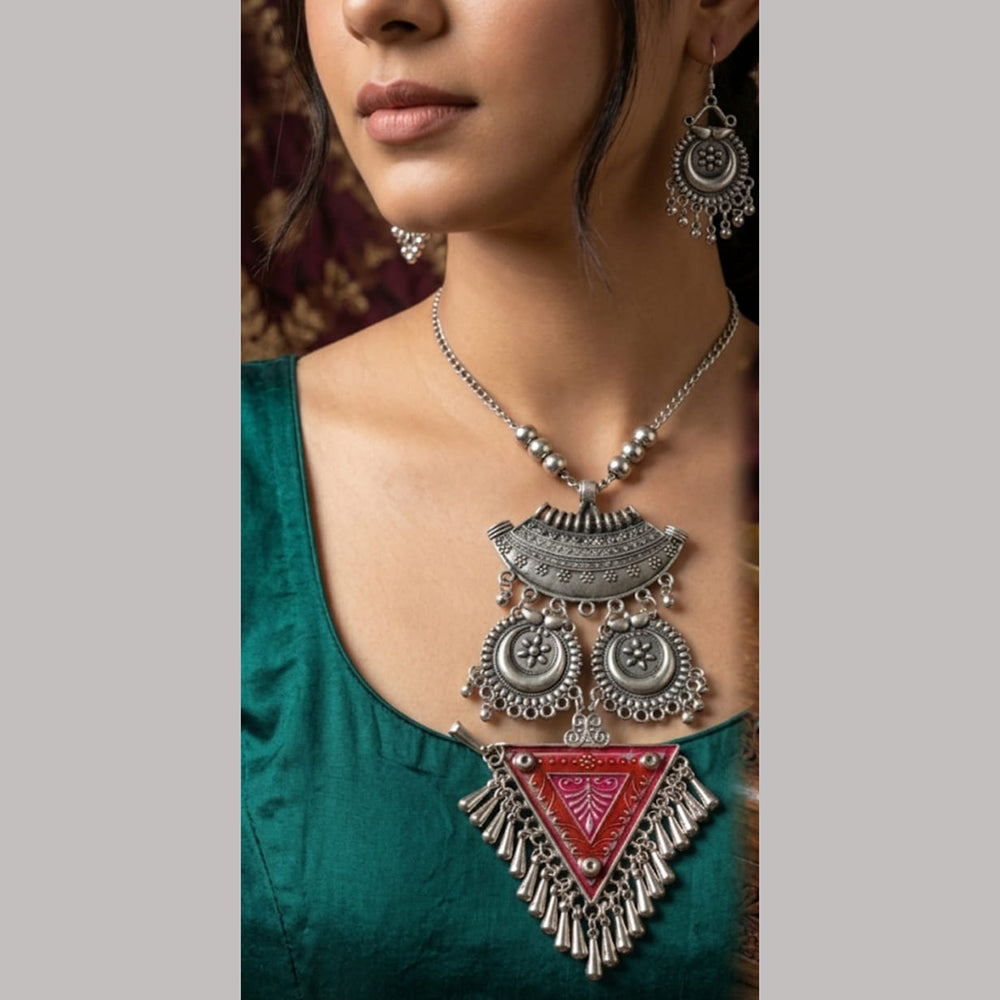 Dhirish International Statement Oxidised Plated Long Necklace Set 