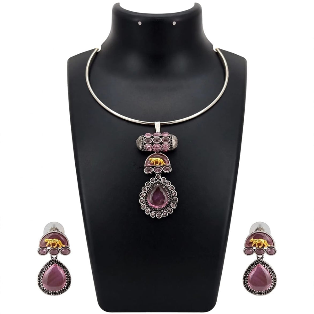Dhirish International Statement Oxidised Plated Pota Stone Choker Necklace Set