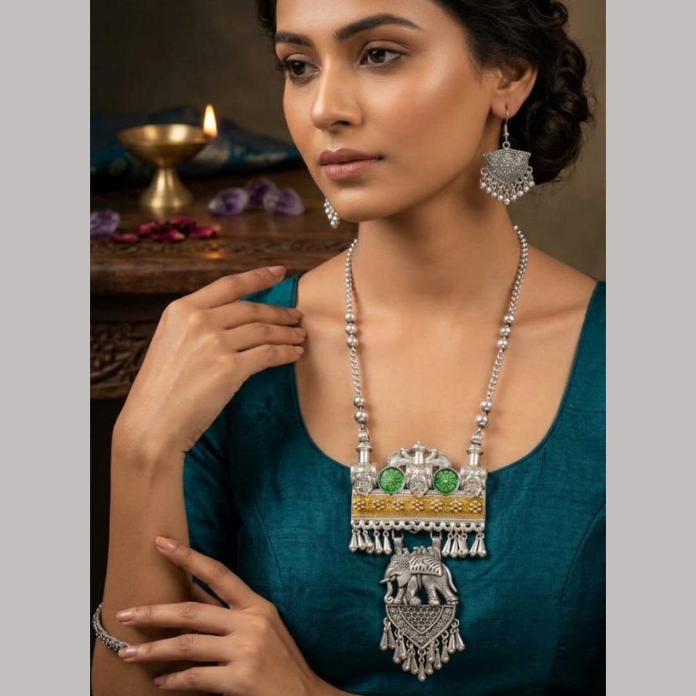 Dhirish International Statement 2 Tone Plated Elephant Motif Long Necklace Set