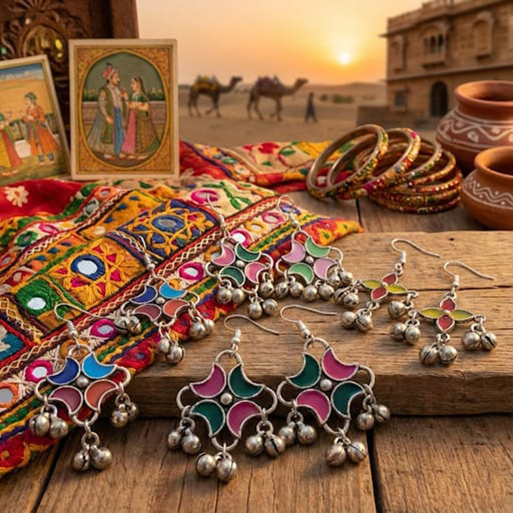 Pusti Art & Craft Royal Enamel And Ghugnroo Dangler Earrings (Assorted Color)