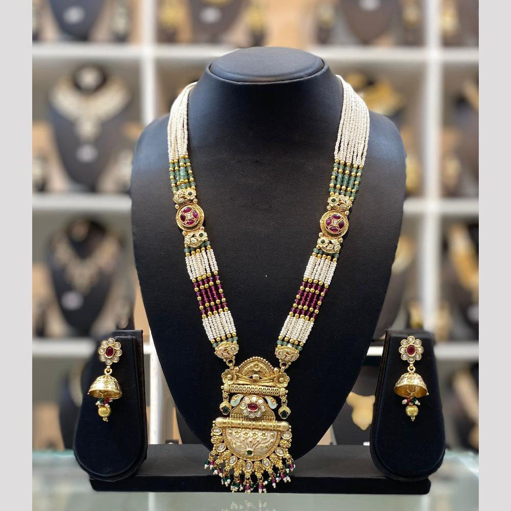 Dhiraj Sales Chopper Gold Plated Pota Stone And Meenakari Long Necklace Set