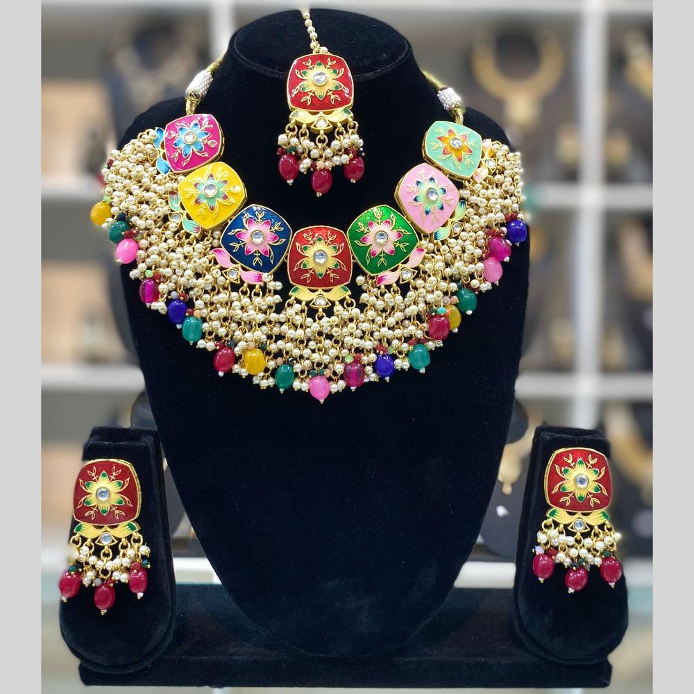 Dhiraj Sales Embellished Kundan And Pearl Meenakari Choker Necklace Set