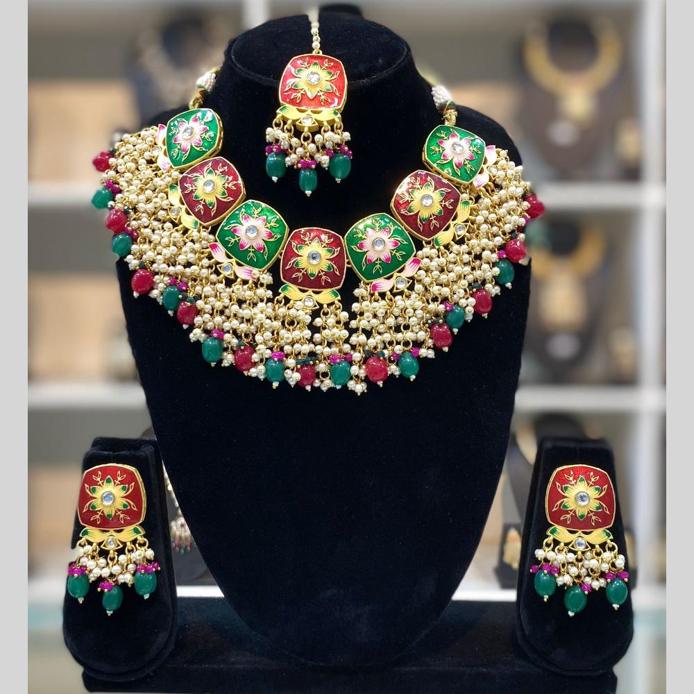 Dhiraj Sales Embellished Kundan And Pearl Meenakari Choker Necklace Set