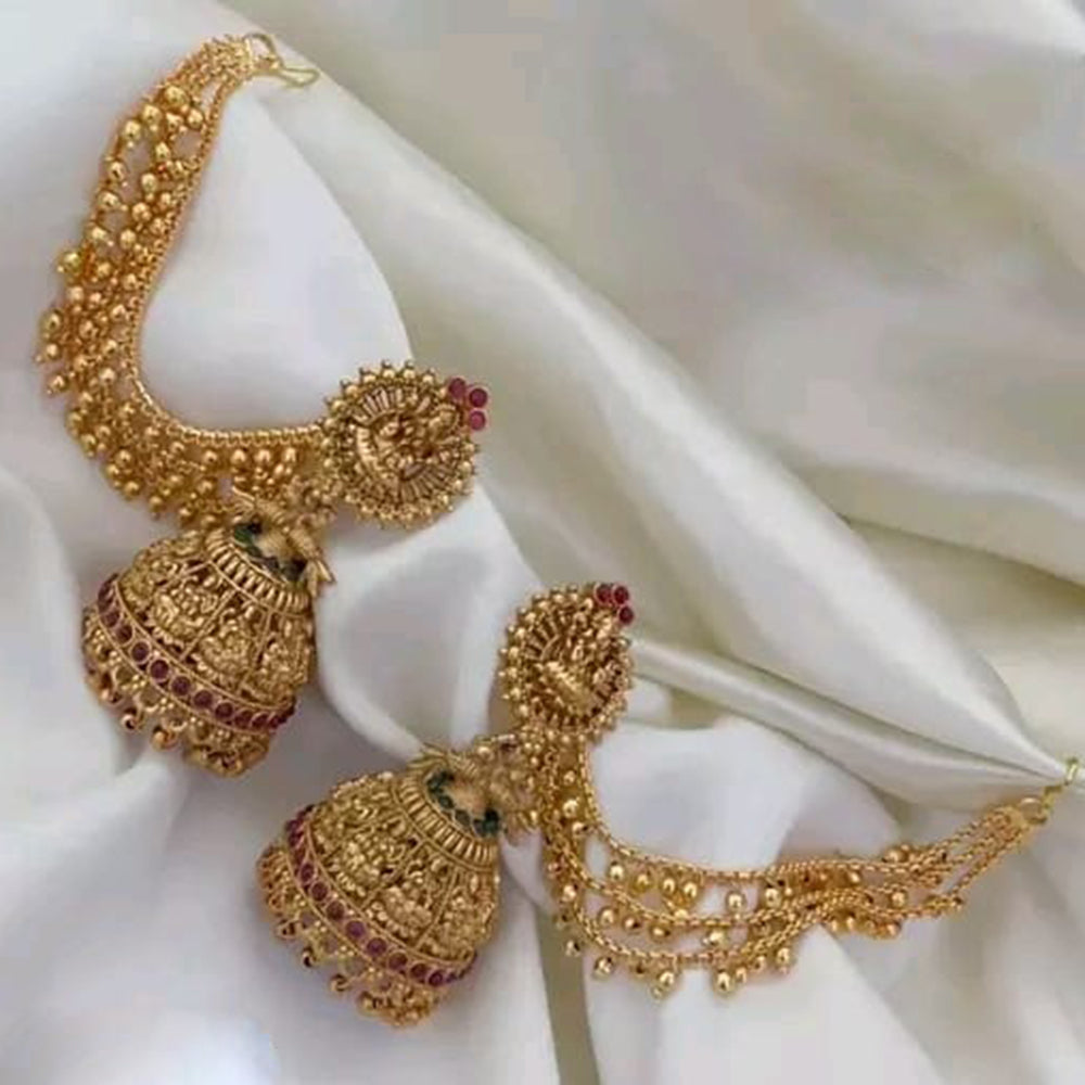 Khodiyar Gold Plated Pota And Pearl Temple Jhumki Kan Chain Earrings