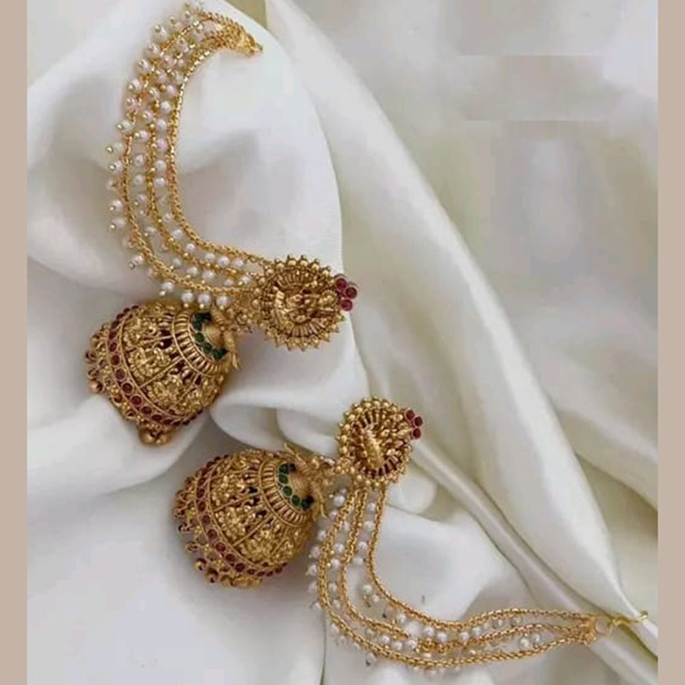 Khodiyar Gold Plated Pota And Pearl Temple Jhumki Kan Chain Earrings