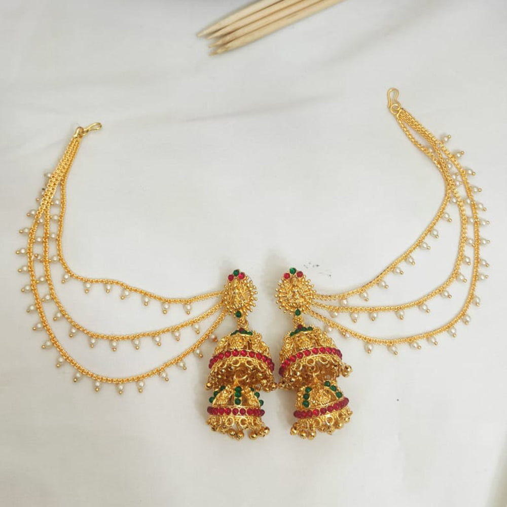 Khodiyar Gold Plated Pota And Pearl Temple Jhumki Kan Chain Earrings